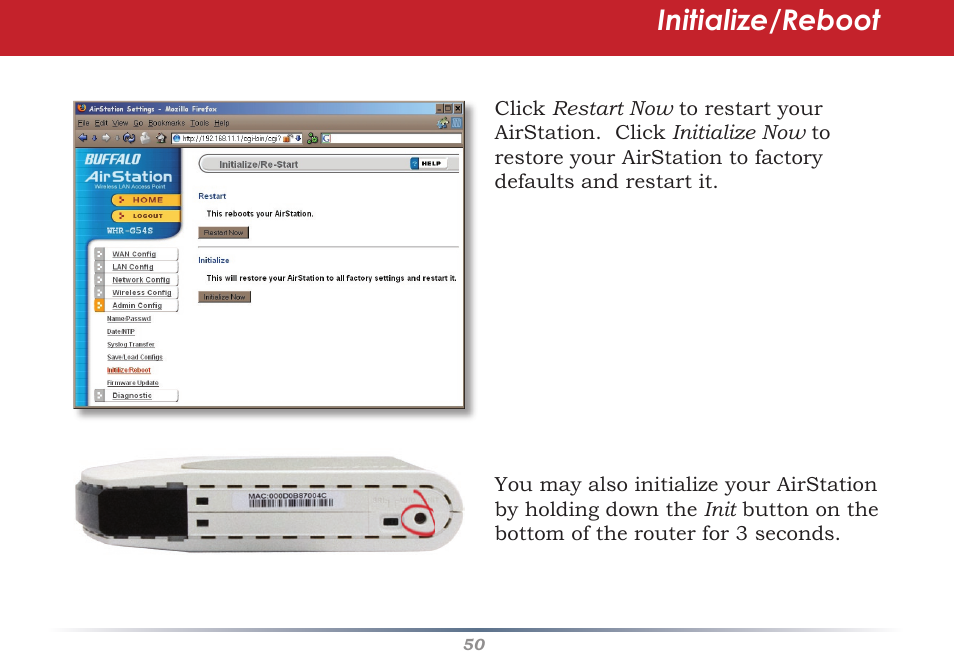 Initialize/reboot | Buffalo Technology Buffalo AirStation WHR-HP-G54 User Manual | Page 50 / 91