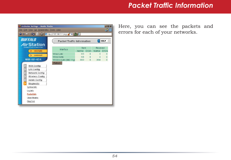 Packet traffic information | Buffalo Technology Buffalo AirStation WHR-HP-G54 User Manual | Page 54 / 91