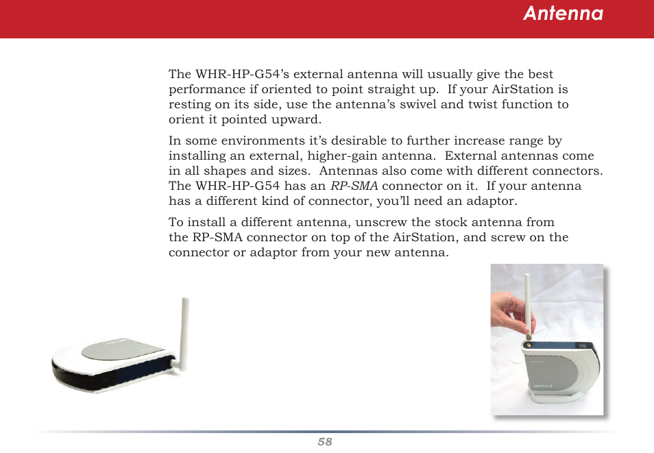 Antenna | Buffalo Technology Buffalo AirStation WHR-HP-G54 User Manual | Page 58 / 91