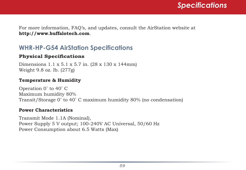 Specifications, Whr-hp-g54 airstation specifications | Buffalo Technology Buffalo AirStation WHR-HP-G54 User Manual | Page 59 / 91