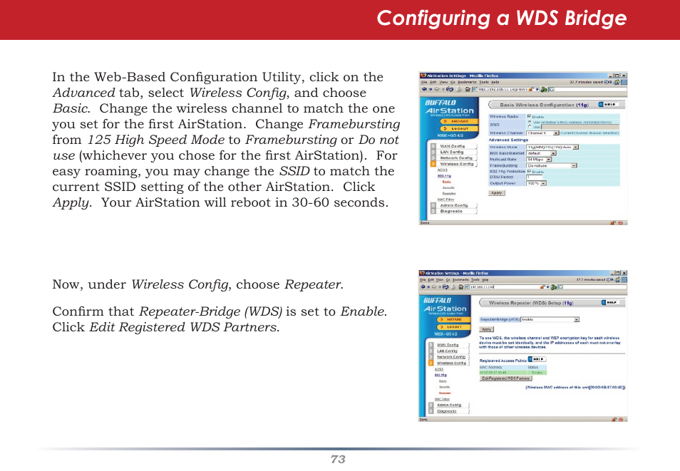Configuring a wds bridge | Buffalo Technology Buffalo AirStation WHR-HP-G54 User Manual | Page 73 / 91