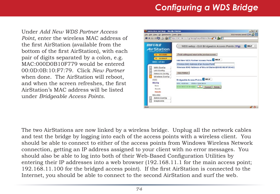 Configuring a wds bridge | Buffalo Technology Buffalo AirStation WHR-HP-G54 User Manual | Page 74 / 91