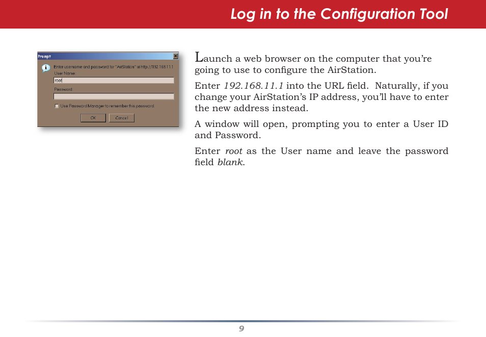 Log in to the configuration tool | Buffalo Technology Buffalo AirStation WHR-HP-G54 User Manual | Page 9 / 91
