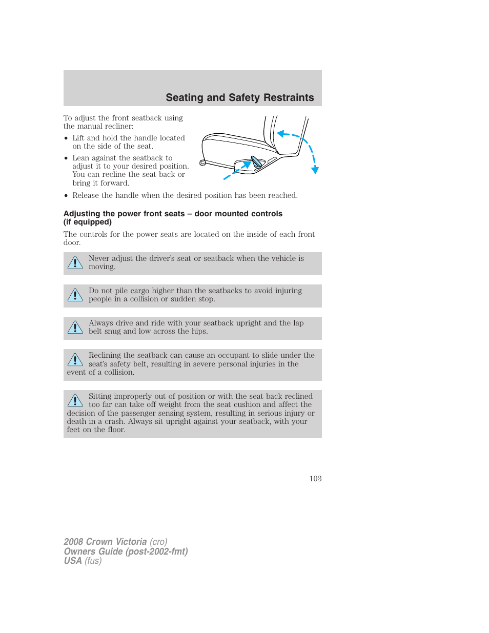 Seating and safety restraints | FORD 2008 Crown Victoria User Manual | Page 103 / 280