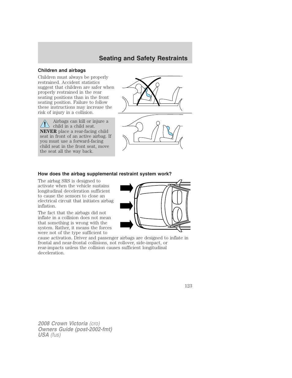 Children and airbags, Seating and safety restraints | FORD 2008 Crown Victoria User Manual | Page 123 / 280