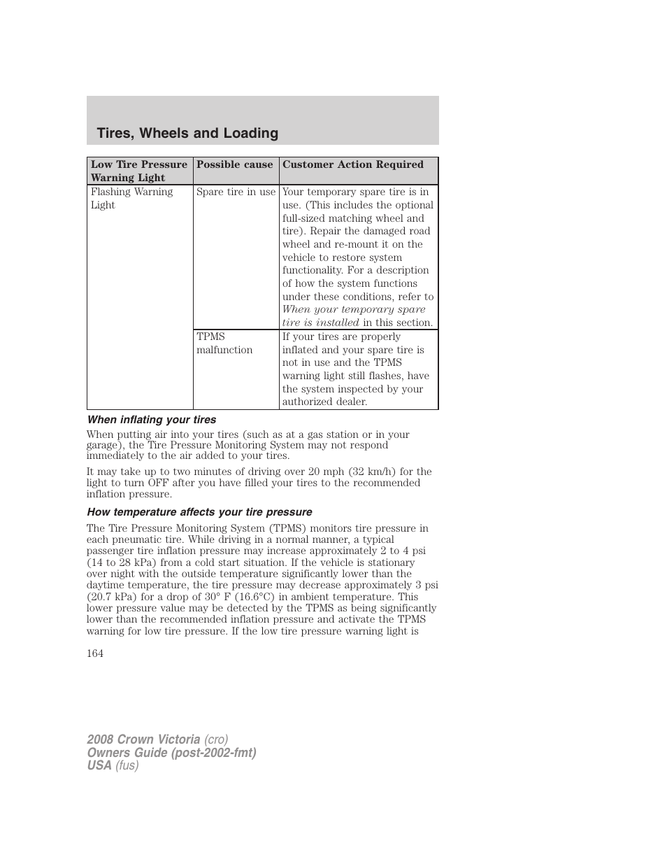 When inflating your tires, How temperature affects your tire pressure, Tires, wheels and loading | FORD 2008 Crown Victoria User Manual | Page 164 / 280