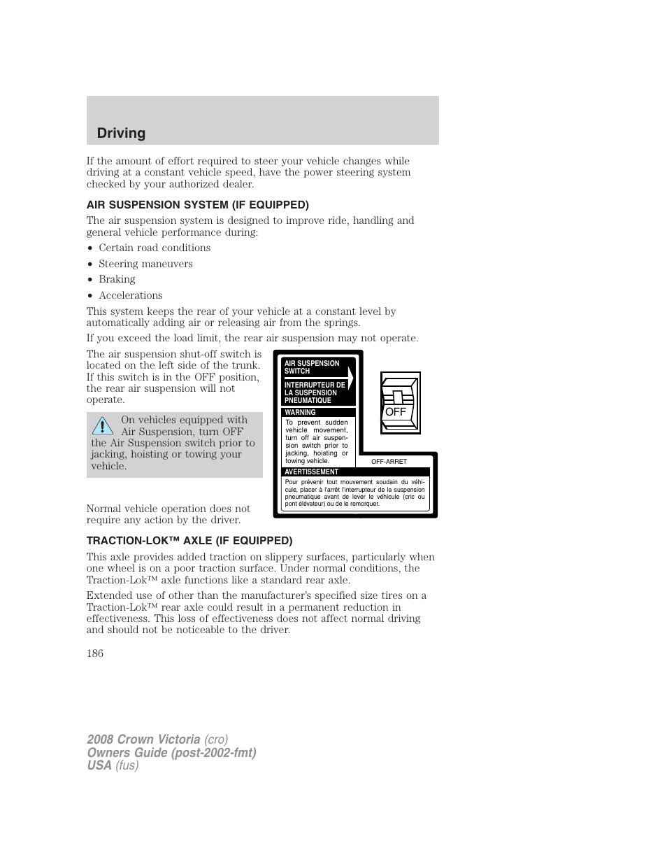 Air suspension system (if equipped), Traction-lok™ axle (if equipped), Air suspension | Driving | FORD 2008 Crown Victoria User Manual | Page 186 / 280