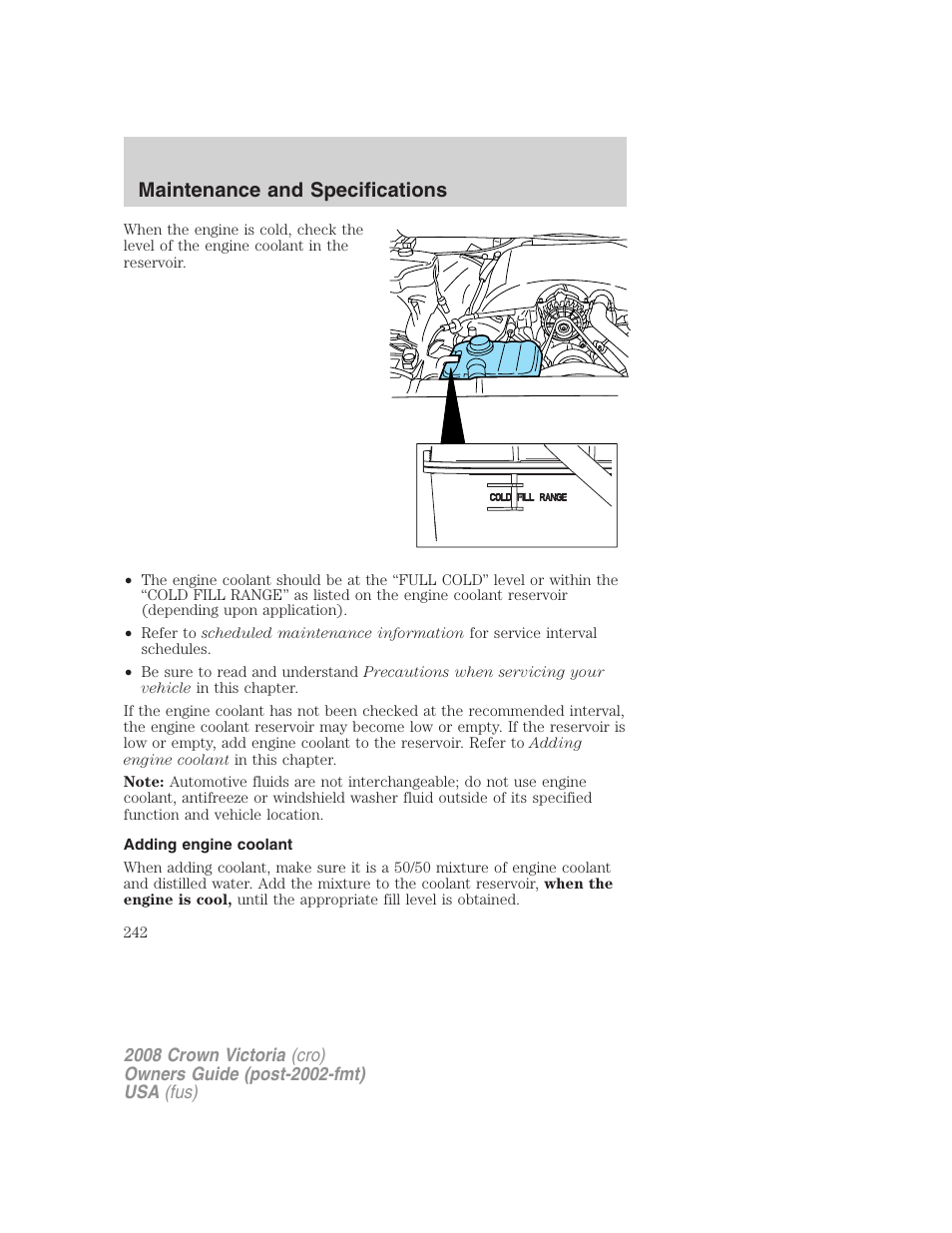 Adding engine coolant, Maintenance and specifications | FORD 2008 Crown Victoria User Manual | Page 242 / 280