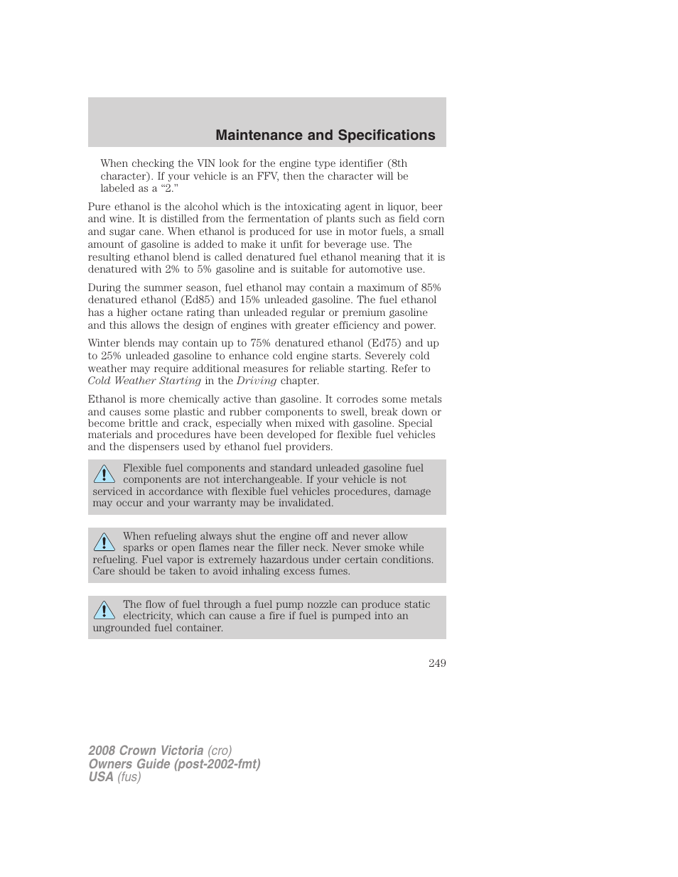 Maintenance and specifications | FORD 2008 Crown Victoria User Manual | Page 249 / 280