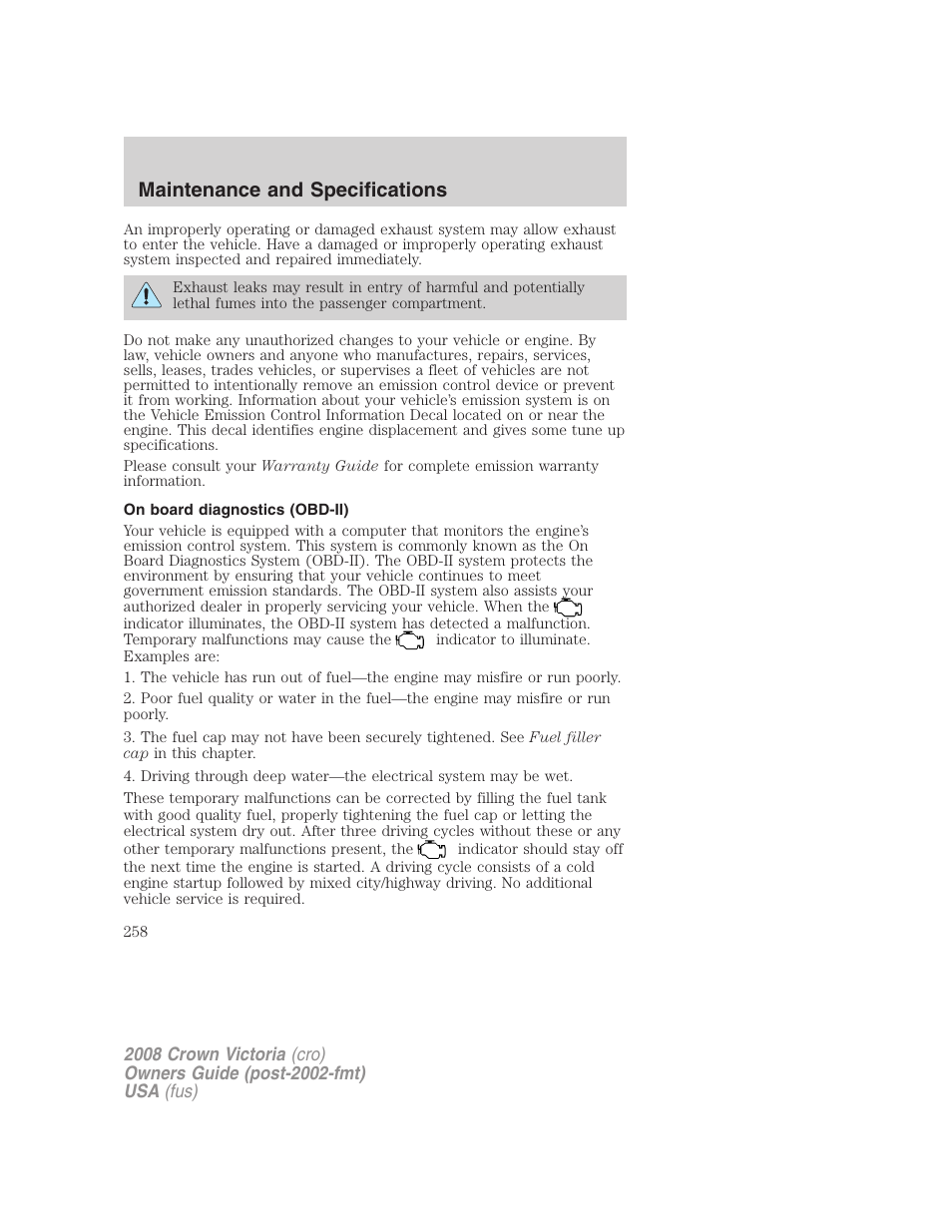 On board diagnostics (obd-ii), Maintenance and specifications | FORD 2008 Crown Victoria User Manual | Page 258 / 280