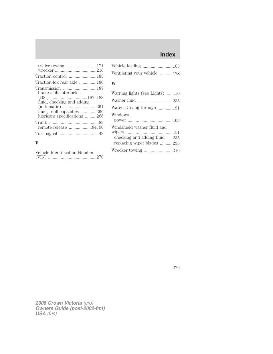 Index | FORD 2008 Crown Victoria User Manual | Page 279 / 280