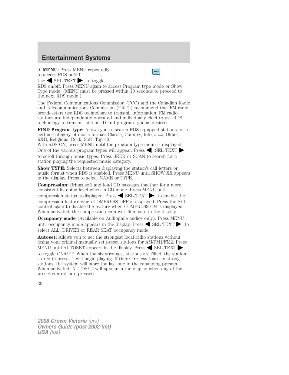 Entertainment systems | FORD 2008 Crown Victoria User Manual | Page 30 / 280