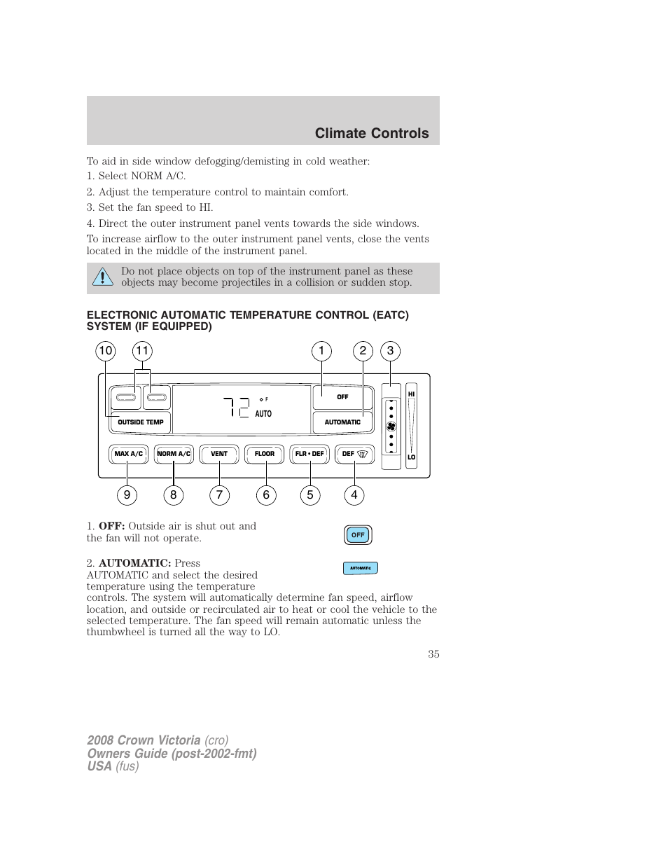 Automatic temperature control, Climate controls | FORD 2008 Crown Victoria User Manual | Page 35 / 280