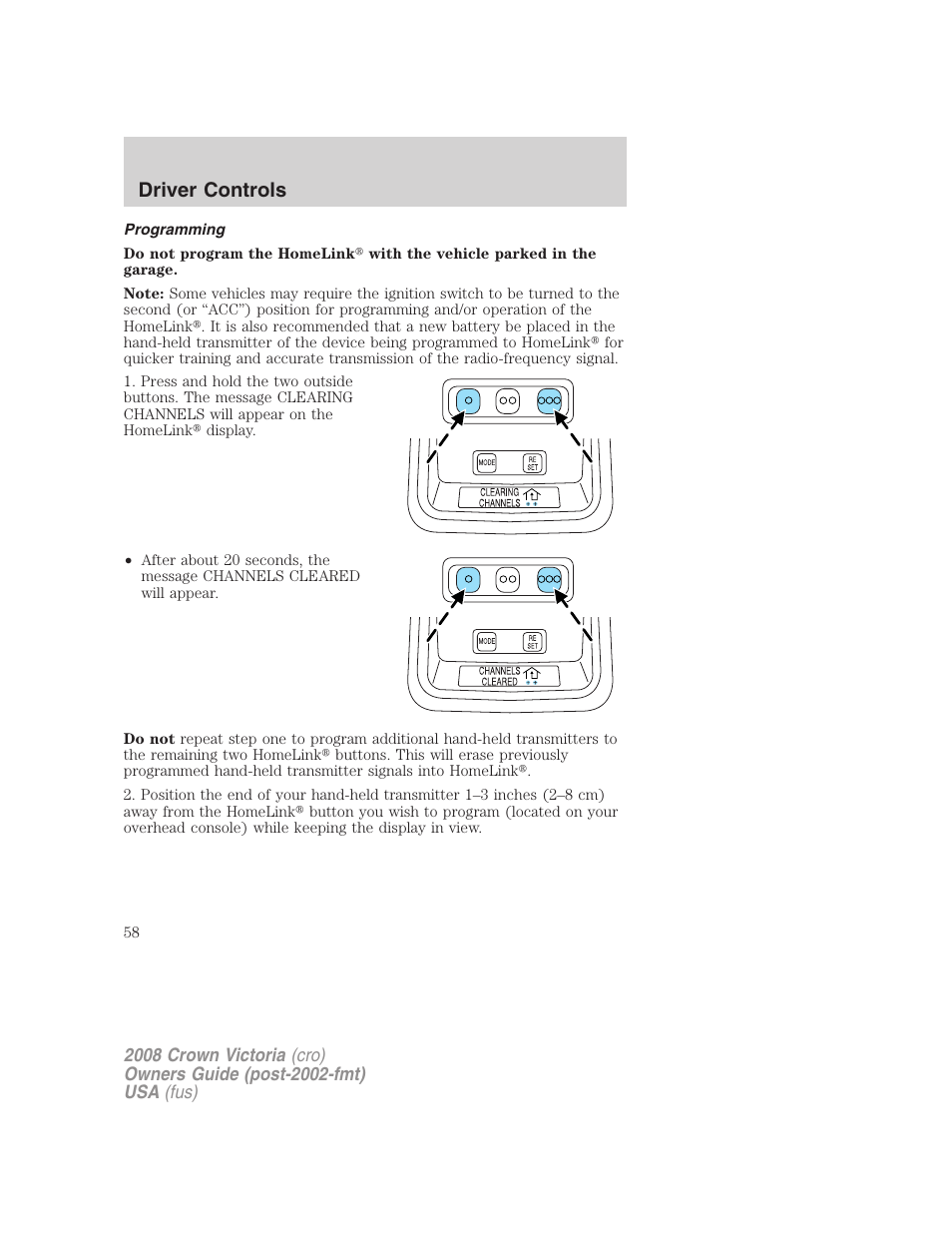 Programming, Driver controls | FORD 2008 Crown Victoria User Manual | Page 58 / 280