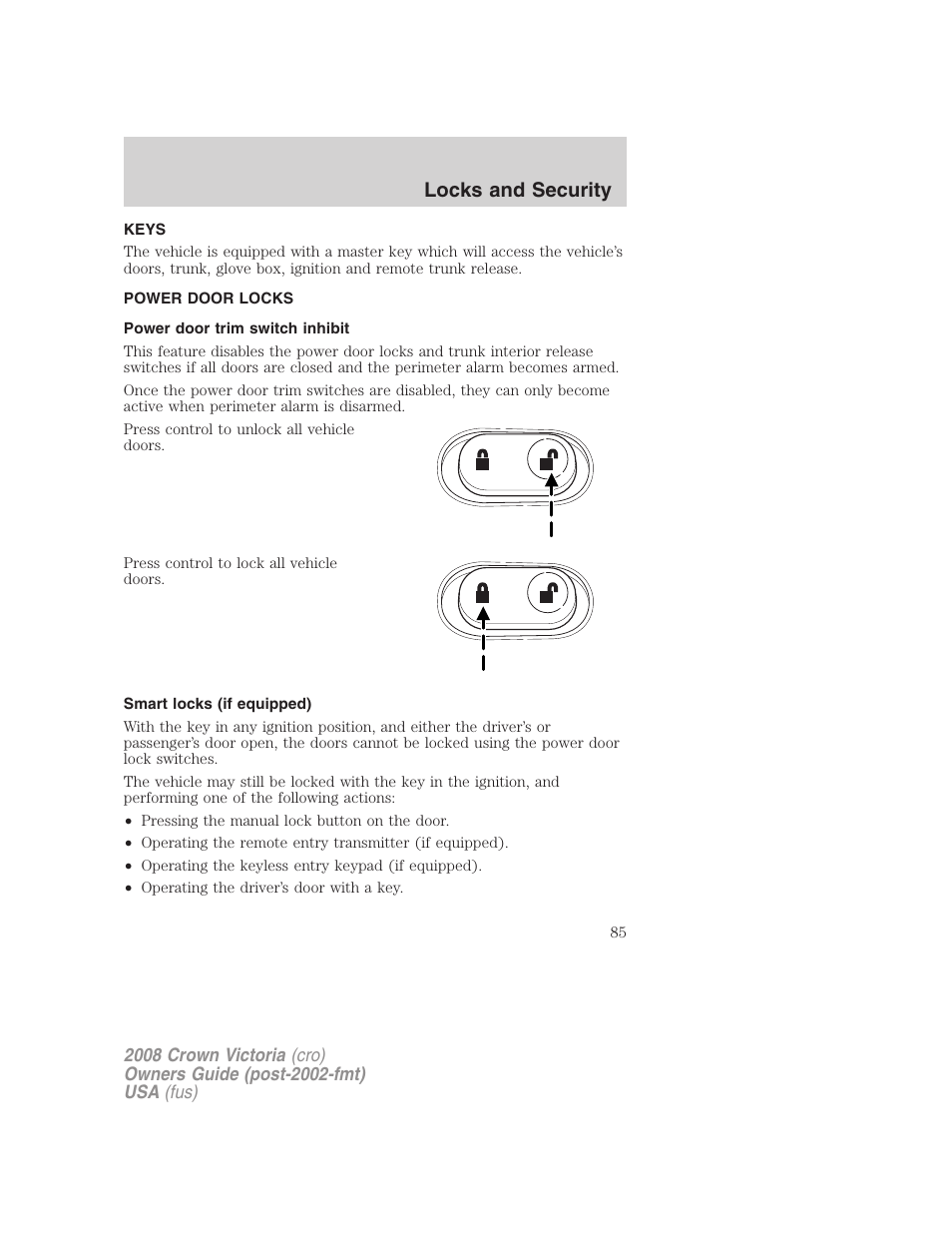 Locks and security, Keys, Power door locks | Power door trim switch inhibit, Smart locks (if equipped), Locks | FORD 2008 Crown Victoria User Manual | Page 85 / 280