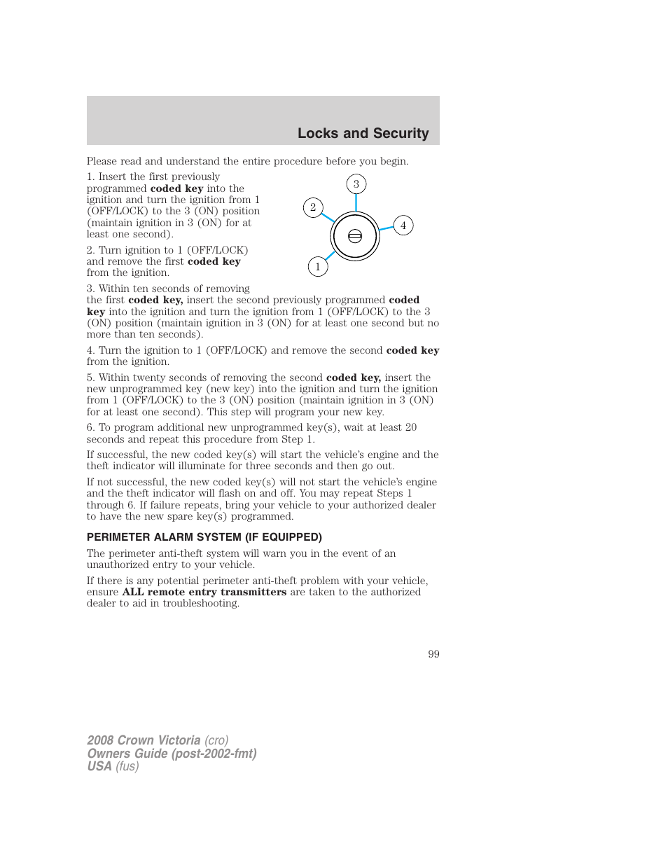 Perimeter alarm system (if equipped), Locks and security | FORD 2008 Crown Victoria User Manual | Page 99 / 280