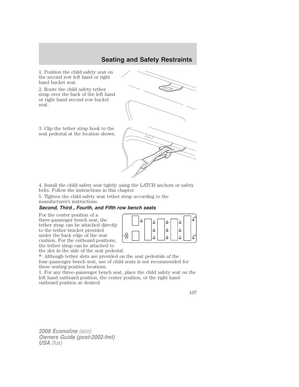 Second, third , fourth, and fifth row bench seats, Seating and safety restraints | FORD 2008 E-450 v.1 User Manual | Page 107 / 280