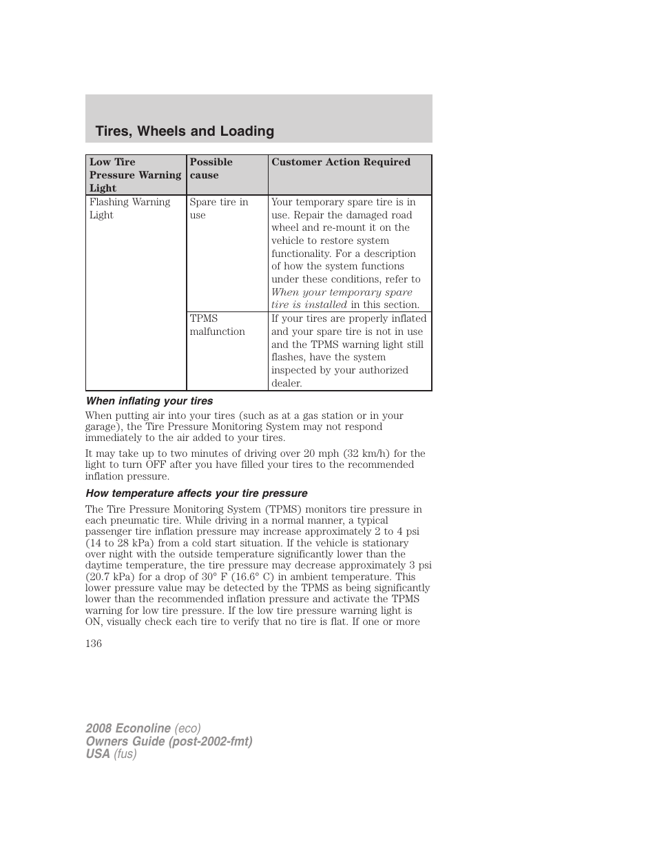 When inflating your tires, How temperature affects your tire pressure, Tires, wheels and loading | FORD 2008 E-450 v.1 User Manual | Page 136 / 280