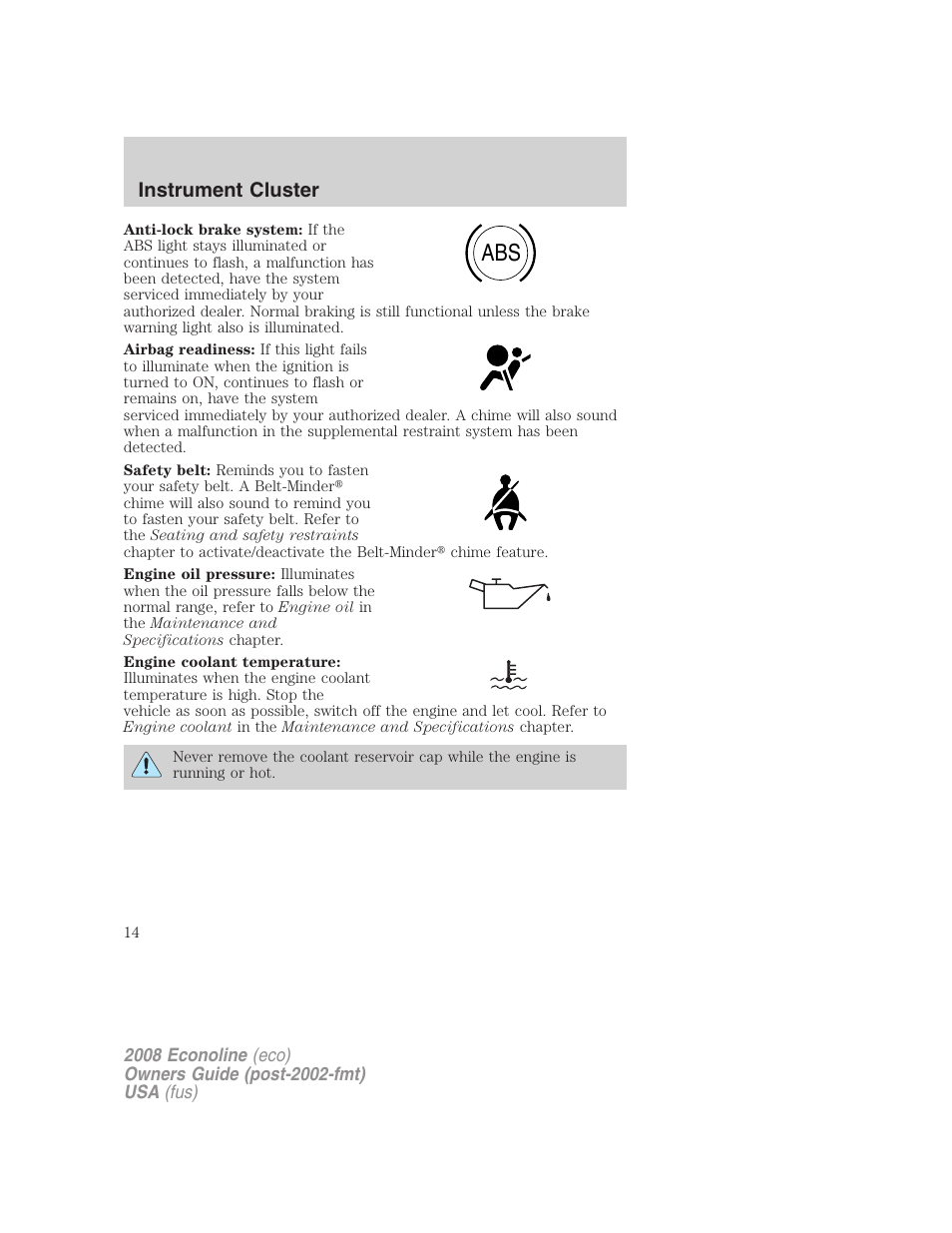 Instrument cluster | FORD 2008 E-450 v.1 User Manual | Page 14 / 280