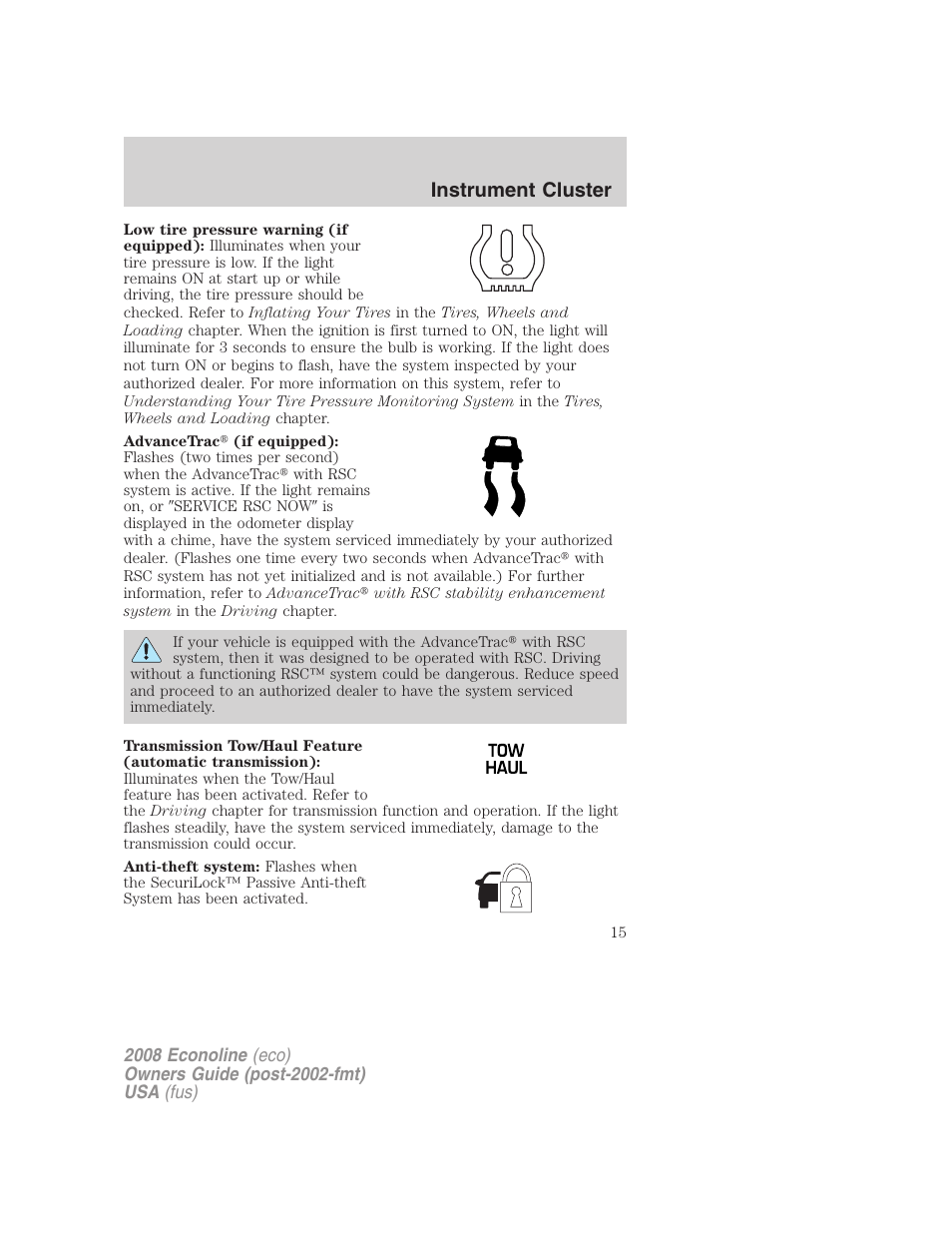 Instrument cluster | FORD 2008 E-450 v.1 User Manual | Page 15 / 280