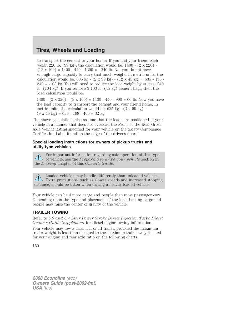 Trailer towing, Tires, wheels and loading | FORD 2008 E-450 v.1 User Manual | Page 150 / 280