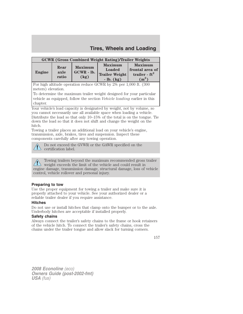 Preparing to tow, Hitches, Safety chains | Tires, wheels and loading | FORD 2008 E-450 v.1 User Manual | Page 157 / 280