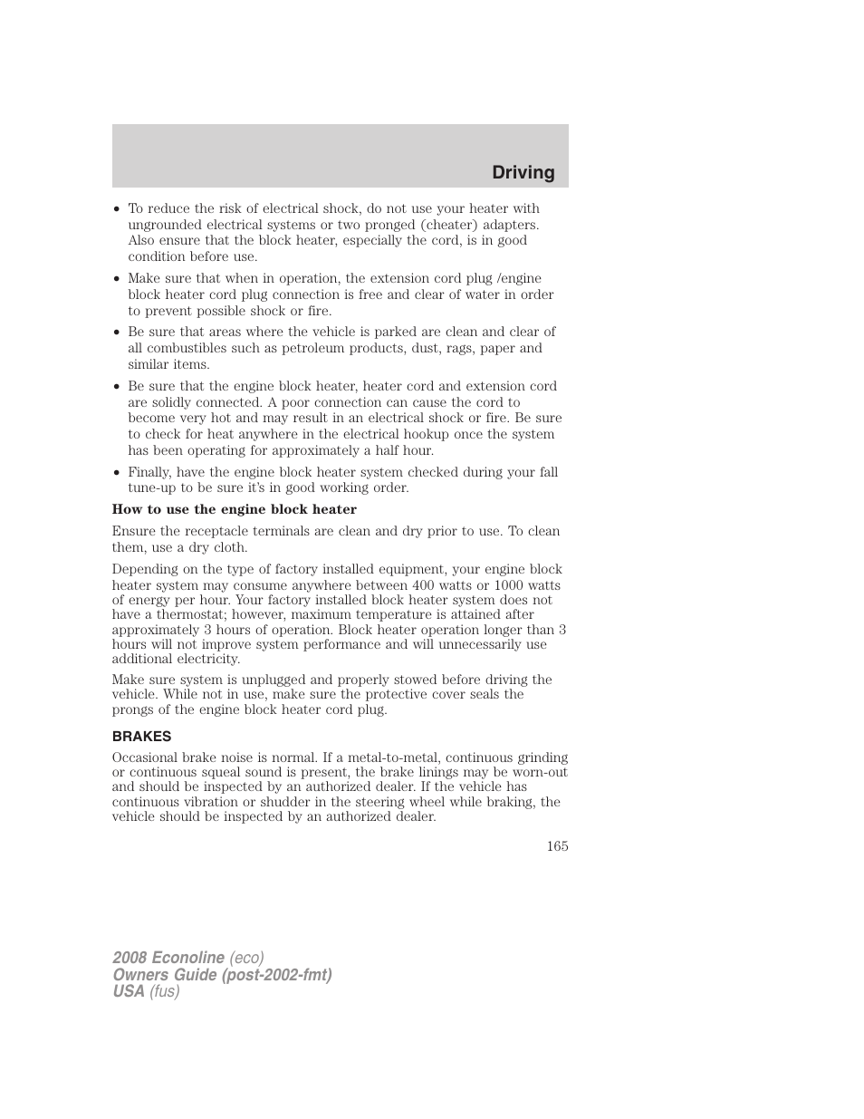 Brakes, Driving | FORD 2008 E-450 v.1 User Manual | Page 165 / 280