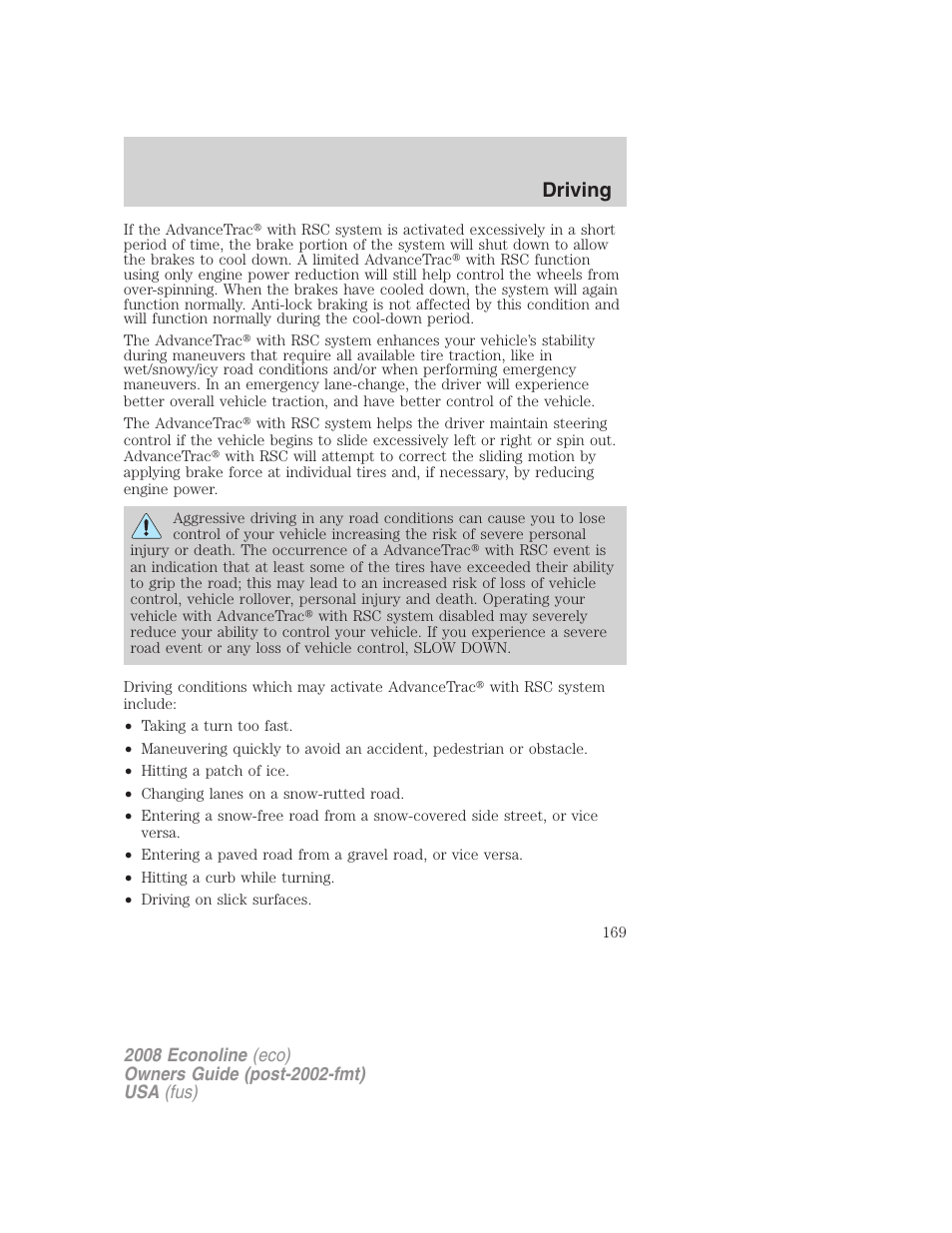 Driving | FORD 2008 E-450 v.1 User Manual | Page 169 / 280