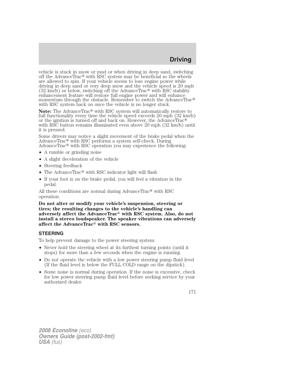 Steering, Driving | FORD 2008 E-450 v.1 User Manual | Page 171 / 280