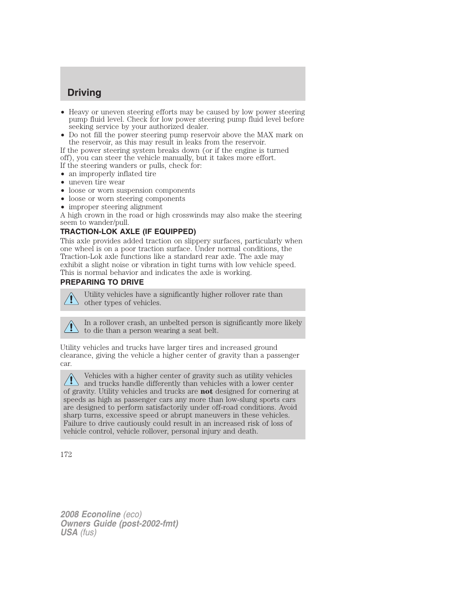 Traction-lok axle (if equipped), Preparing to drive, Driving | FORD 2008 E-450 v.1 User Manual | Page 172 / 280