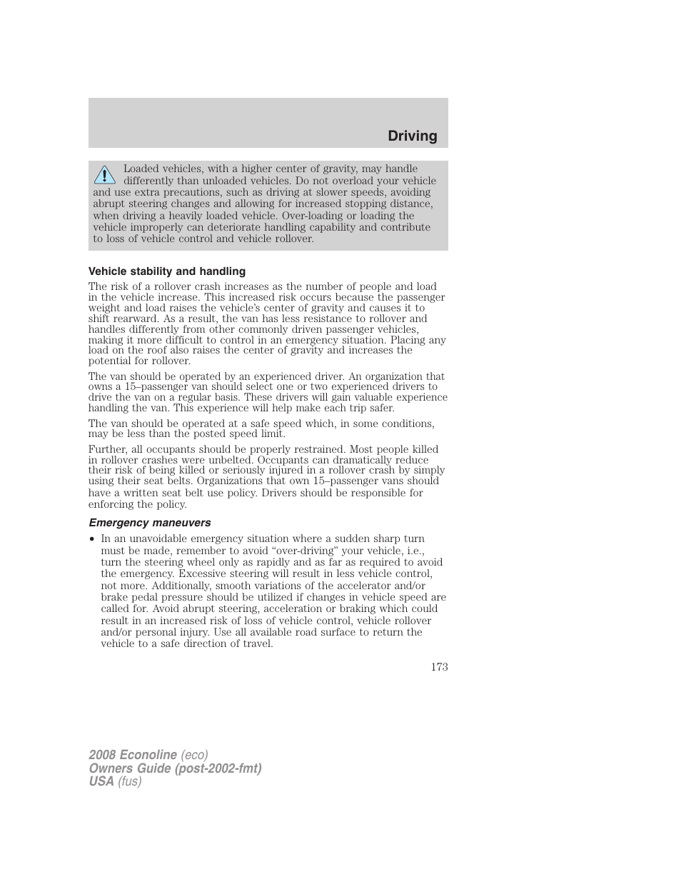 Vehicle stability and handling, Emergency maneuvers, Driving | FORD 2008 E-450 v.1 User Manual | Page 173 / 280
