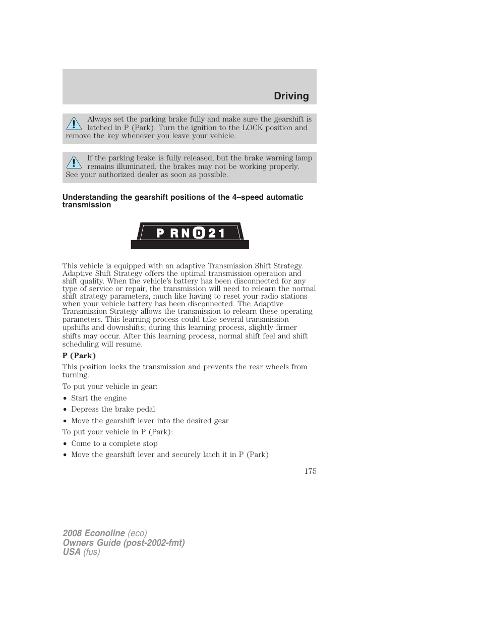 Driving | FORD 2008 E-450 v.1 User Manual | Page 175 / 280