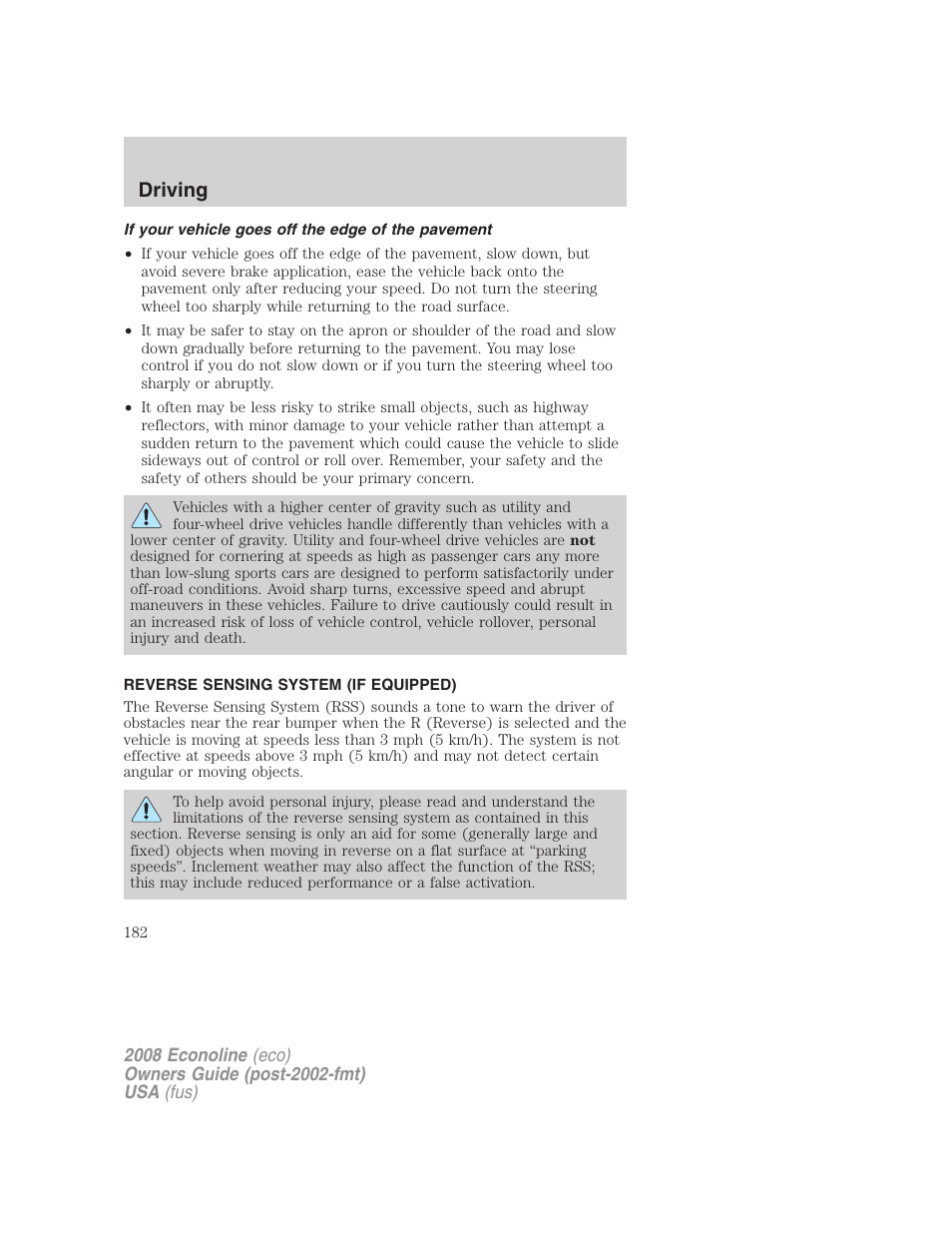 If your vehicle goes off the edge of the pavement, Reverse sensing system (if equipped), Driving | FORD 2008 E-450 v.1 User Manual | Page 182 / 280