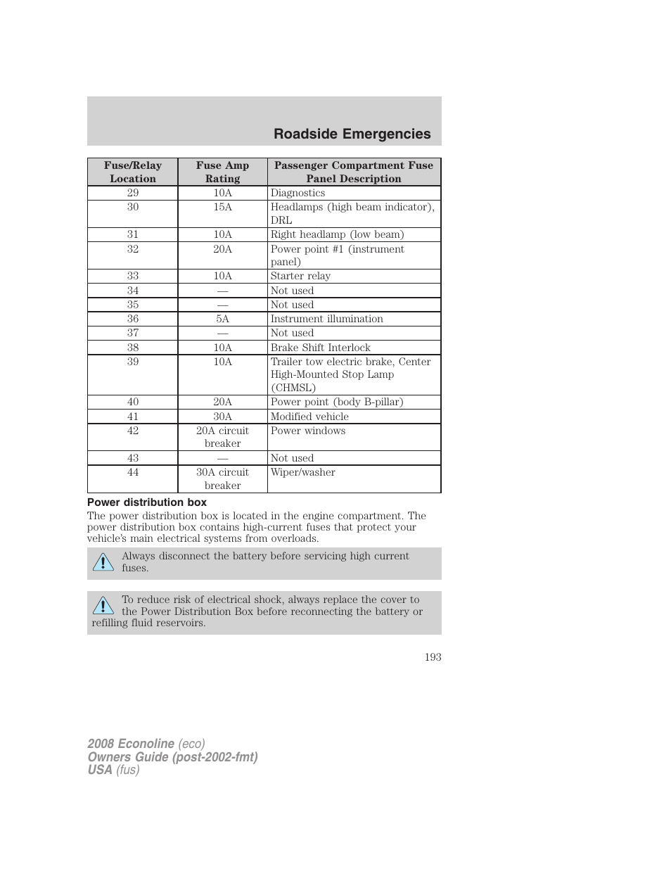 Power distribution box, Roadside emergencies | FORD 2008 E-450 v.1 User Manual | Page 193 / 280
