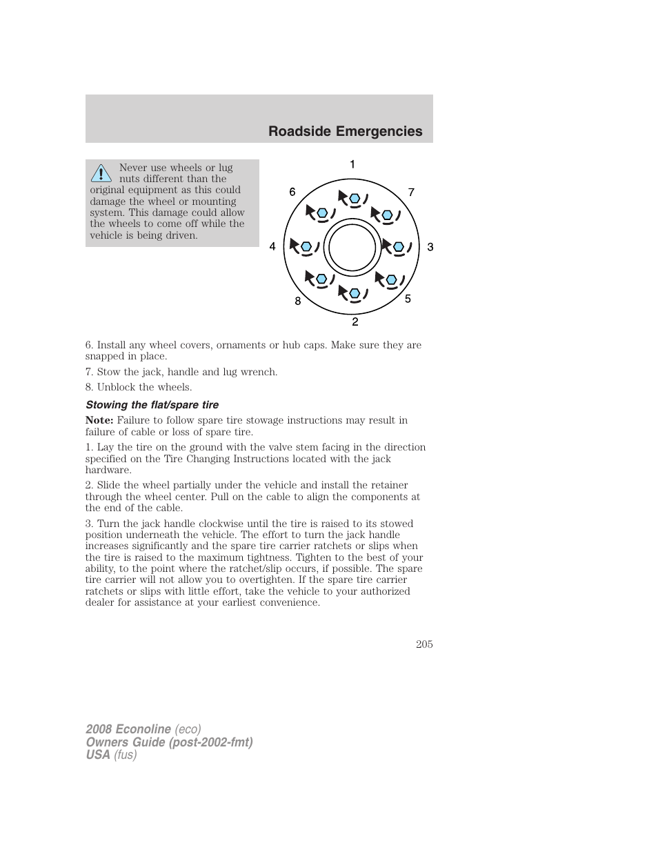 Stowing the flat/spare tire, Roadside emergencies | FORD 2008 E-450 v.1 User Manual | Page 205 / 280