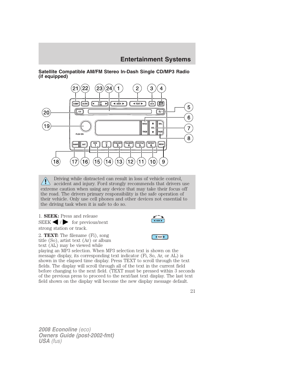 Am/fm stereo with single cd, Entertainment systems | FORD 2008 E-450 v.1 User Manual | Page 21 / 280