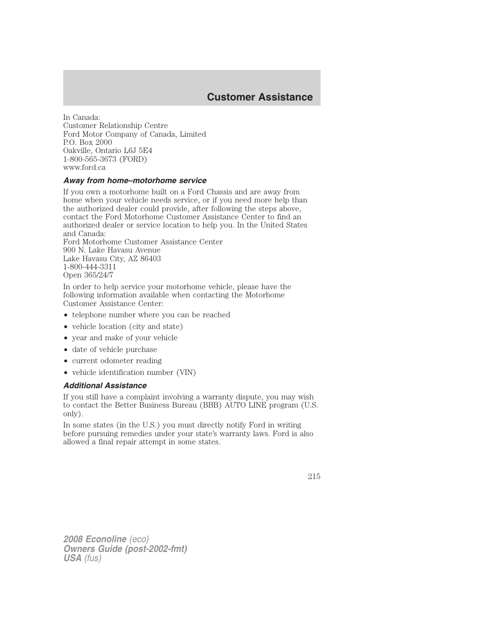Away from home–motorhome service, Additional assistance, Customer assistance | FORD 2008 E-450 v.1 User Manual | Page 215 / 280