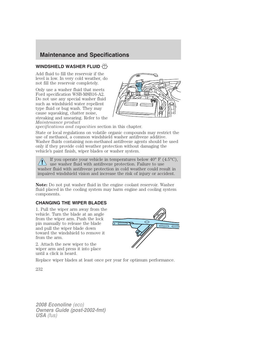 Windshield washer fluid, Changing the wiper blades, Maintenance and specifications | FORD 2008 E-450 v.1 User Manual | Page 232 / 280