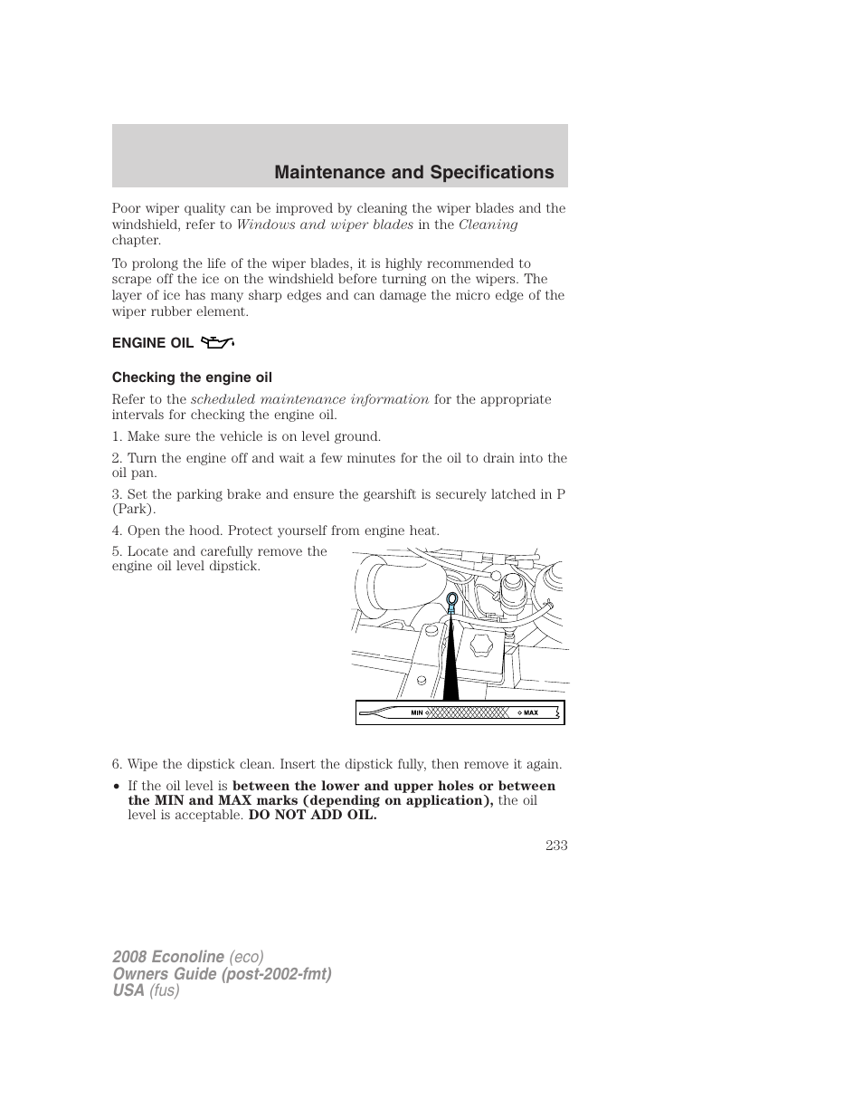 Engine oil, Checking the engine oil, Maintenance and specifications | FORD 2008 E-450 v.1 User Manual | Page 233 / 280