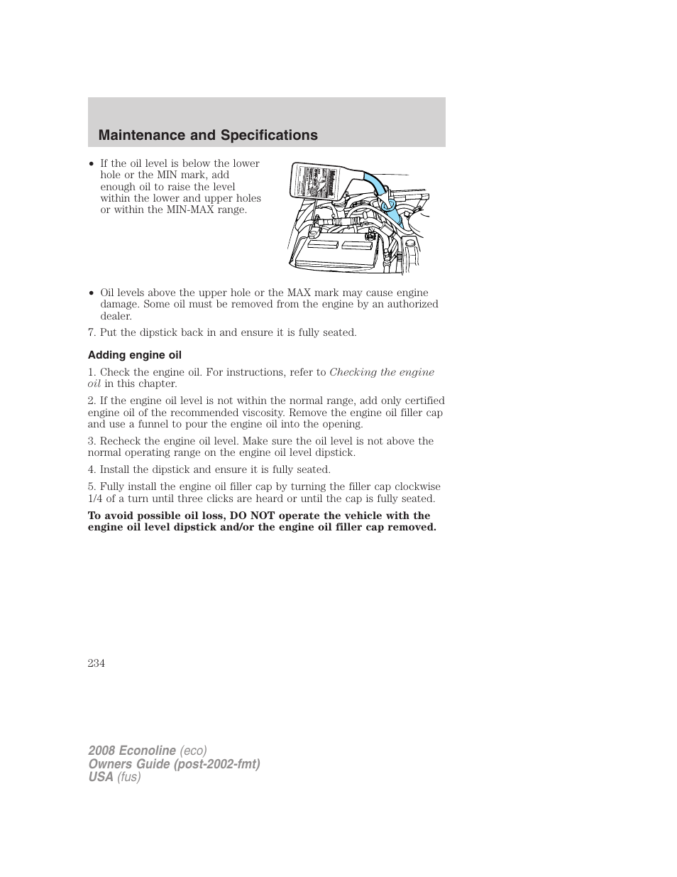 Adding engine oil, Maintenance and specifications | FORD 2008 E-450 v.1 User Manual | Page 234 / 280