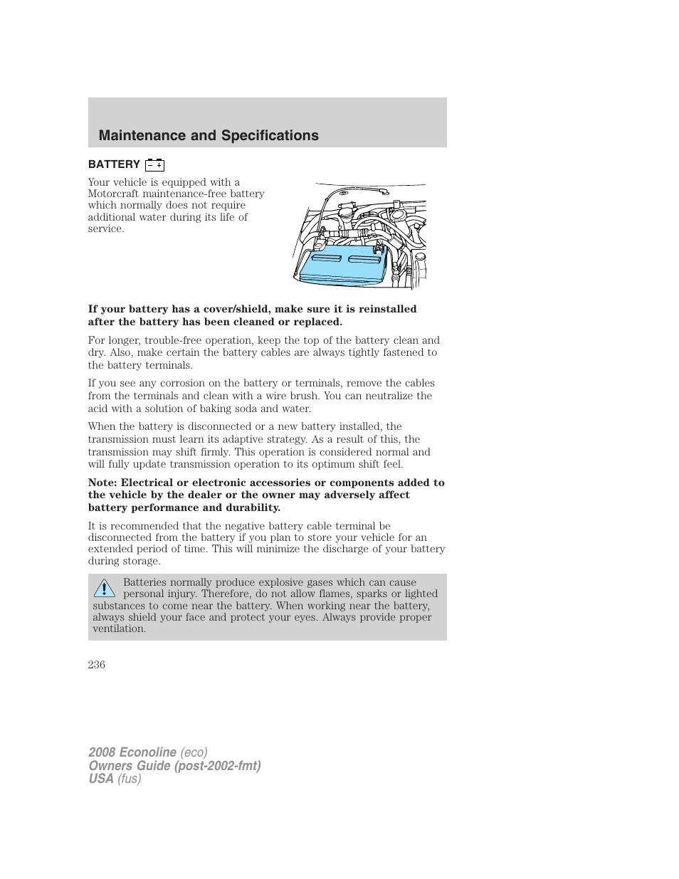 Battery, Maintenance and specifications | FORD 2008 E-450 v.1 User Manual | Page 236 / 280