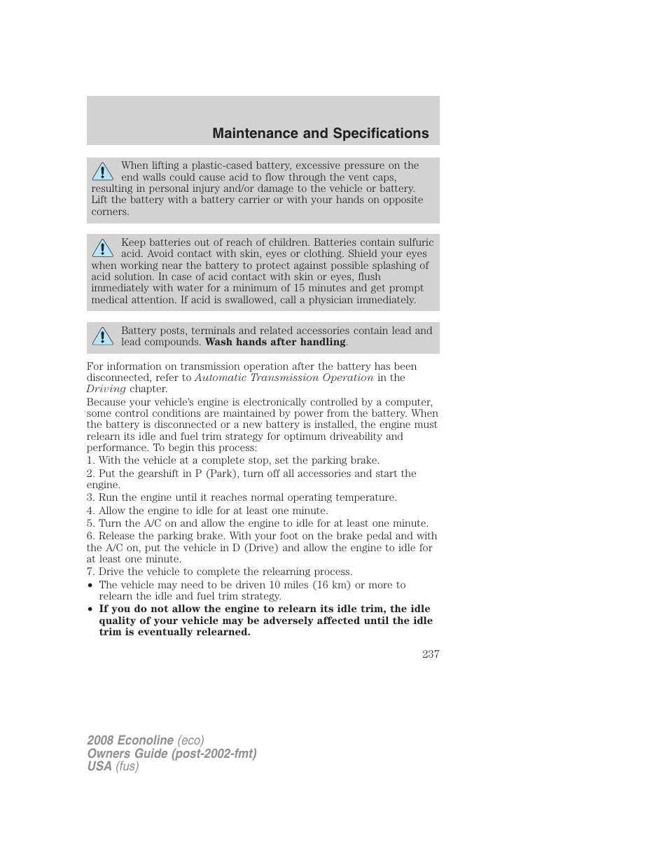 Maintenance and specifications | FORD 2008 E-450 v.1 User Manual | Page 237 / 280