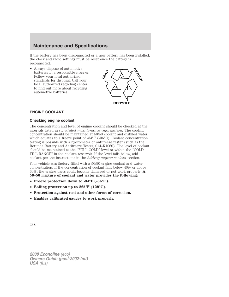 Engine coolant, Checking engine coolant, Maintenance and specifications | FORD 2008 E-450 v.1 User Manual | Page 238 / 280