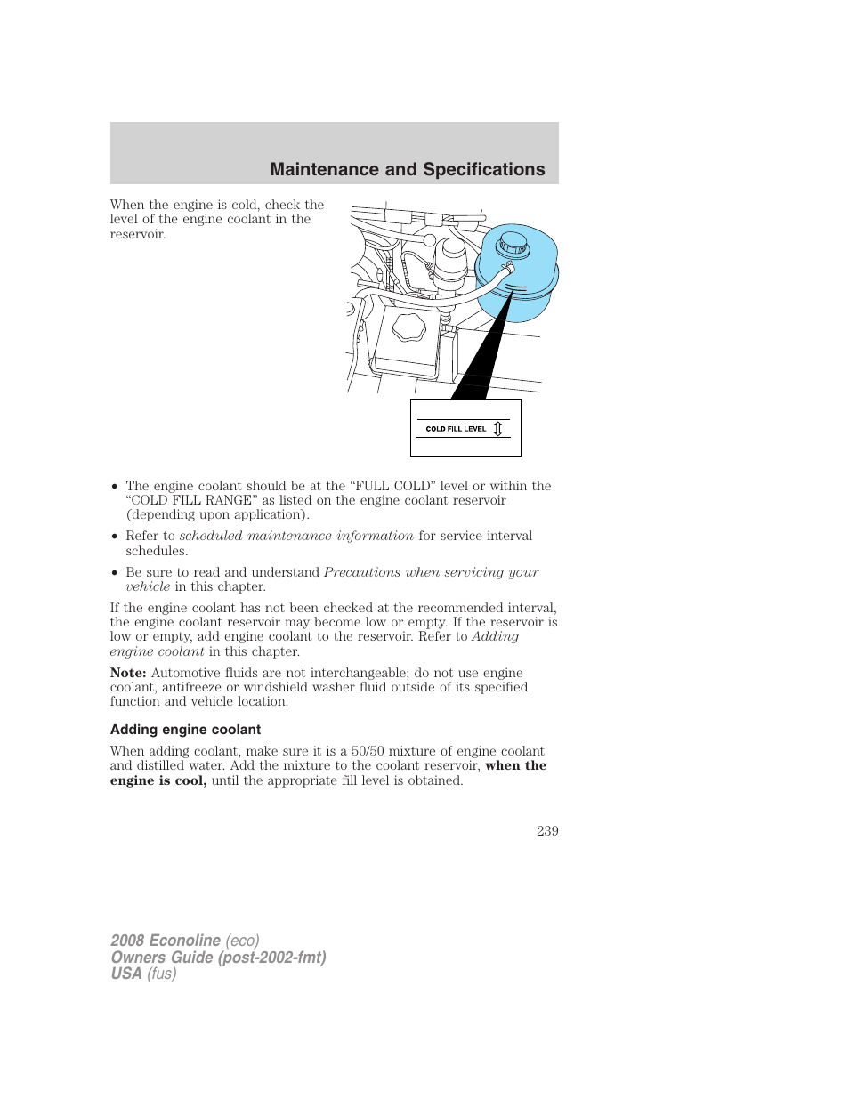 Adding engine coolant, Maintenance and specifications | FORD 2008 E-450 v.1 User Manual | Page 239 / 280