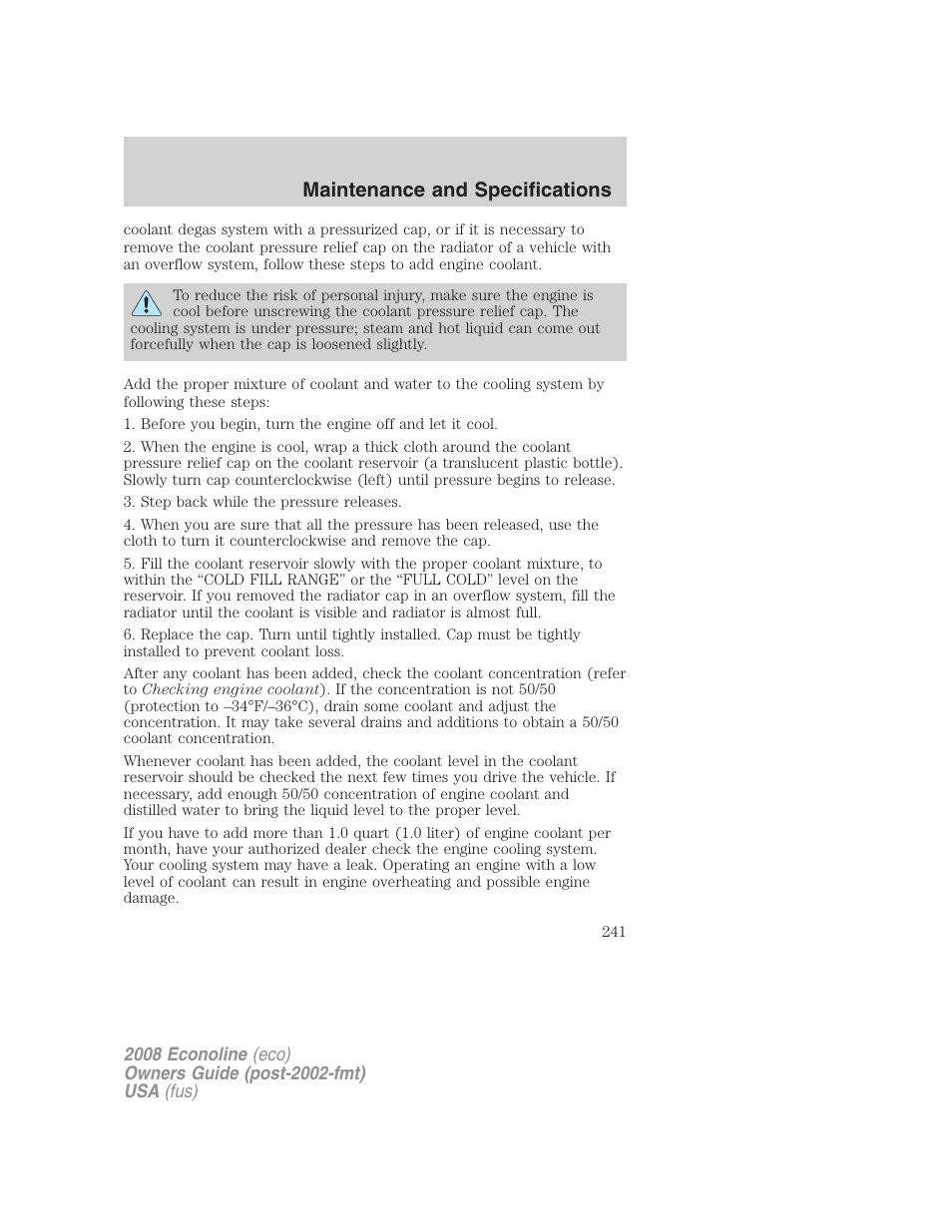 Maintenance and specifications | FORD 2008 E-450 v.1 User Manual | Page 241 / 280