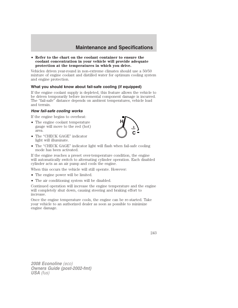 How fail-safe cooling works, Maintenance and specifications | FORD 2008 E-450 v.1 User Manual | Page 243 / 280