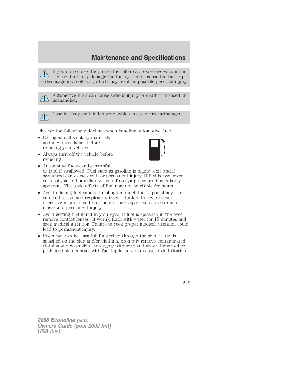 Maintenance and specifications | FORD 2008 E-450 v.1 User Manual | Page 245 / 280