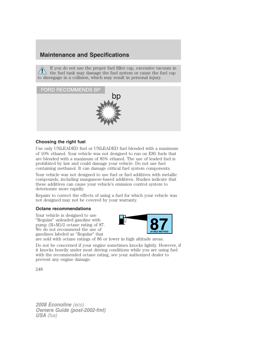 Choosing the right fuel, Octane recommendations | FORD 2008 E-450 v.1 User Manual | Page 248 / 280