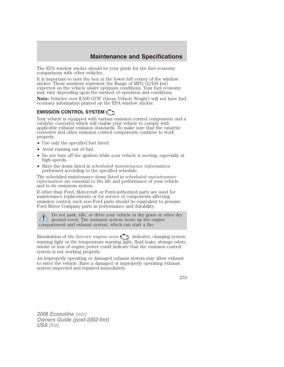 Emission control system, Maintenance and specifications | FORD 2008 E-450 v.1 User Manual | Page 253 / 280