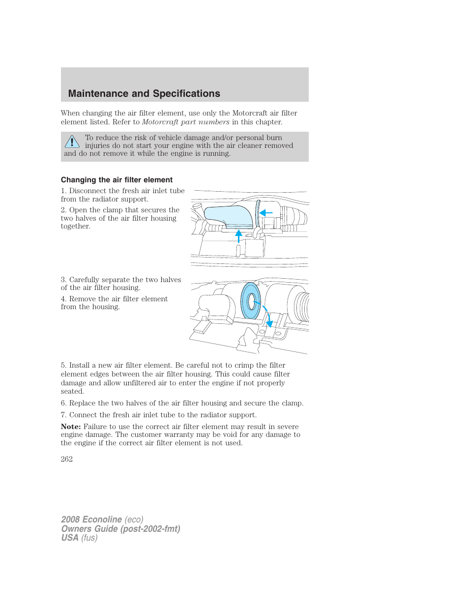 Changing the air filter element, Maintenance and specifications | FORD 2008 E-450 v.1 User Manual | Page 262 / 280